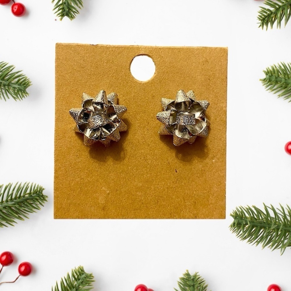 Silver Christmas Gift Bow Stud Earrings